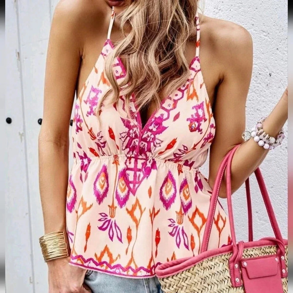 . Tops - Women Random Print Fashionable Summer Beach Criss Cross Backless Cami Top